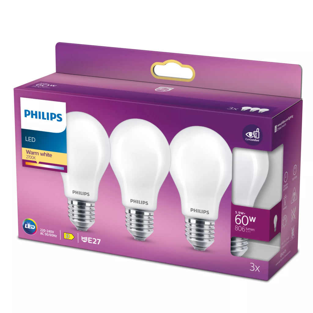 Philips Led Filamentlamp 60W A60 E27 Warm Wit Licht Mat Wit 3 Stuks