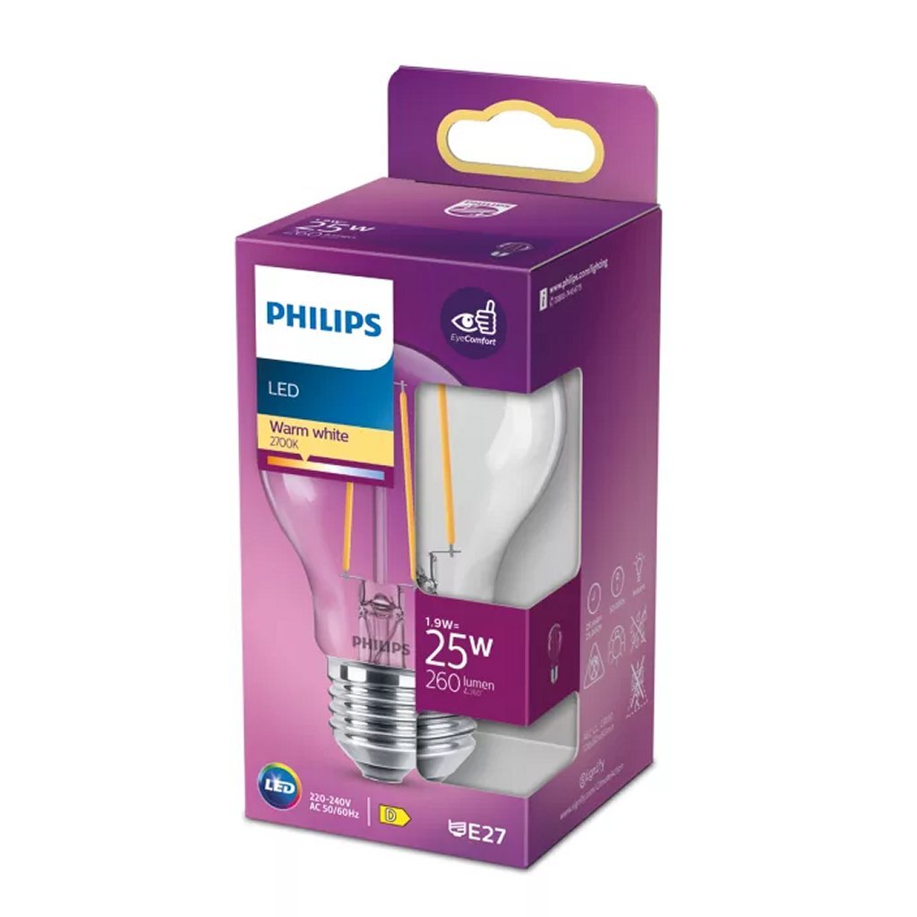 Philips Led Filamentlamp 25W A60 E27 Warm Wit Licht Transparant