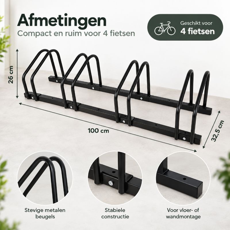 Ceruzo Fietsenrek Voor 4 Fietsen - 100 Cm - Vloermontage - Zwart