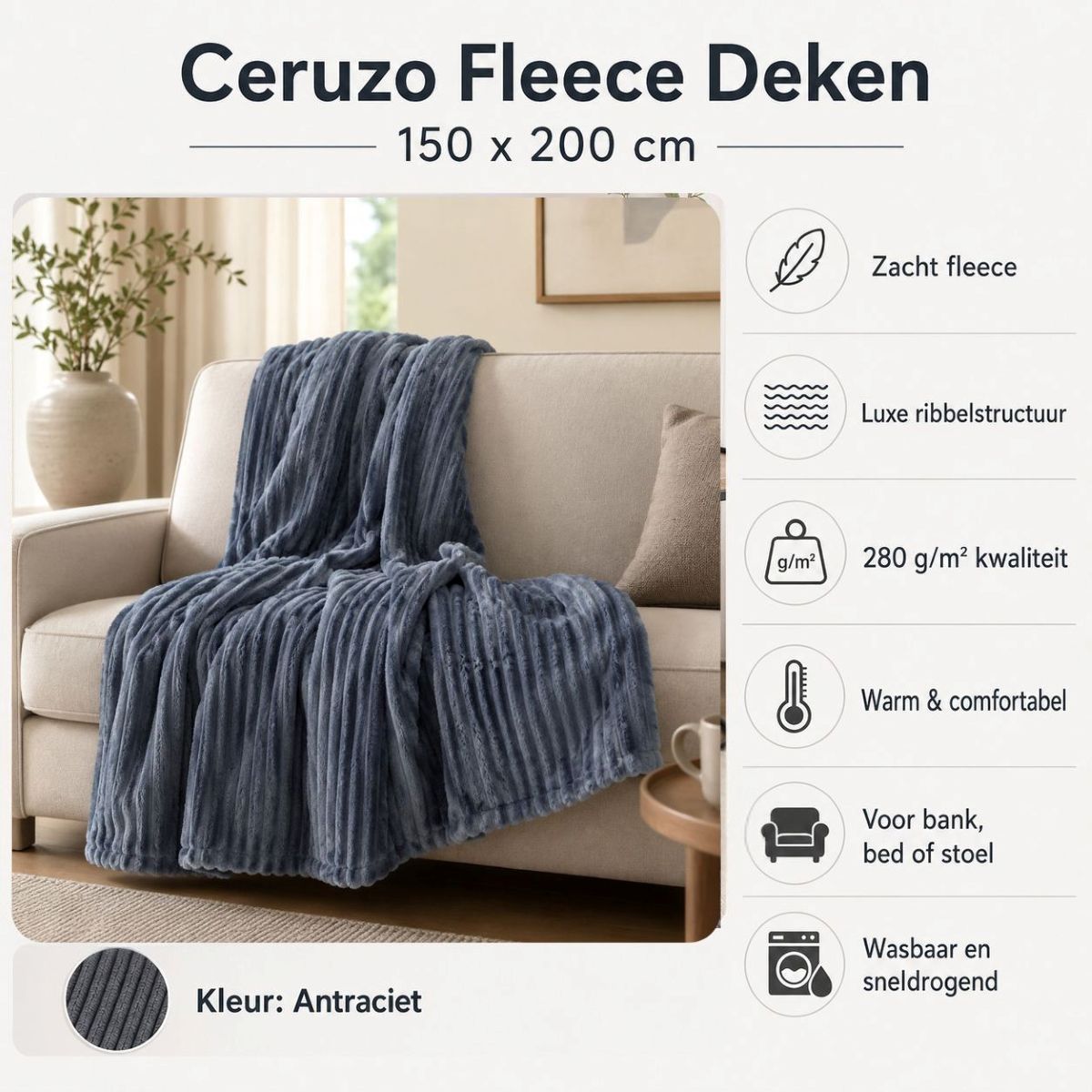 Ceruzo Fleece Deken - 150X200 Cm - Antraciet
