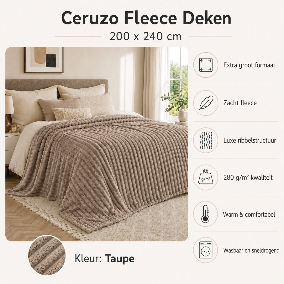 Ceruzo Fleece Deken - 200X240 Cm - Taupe