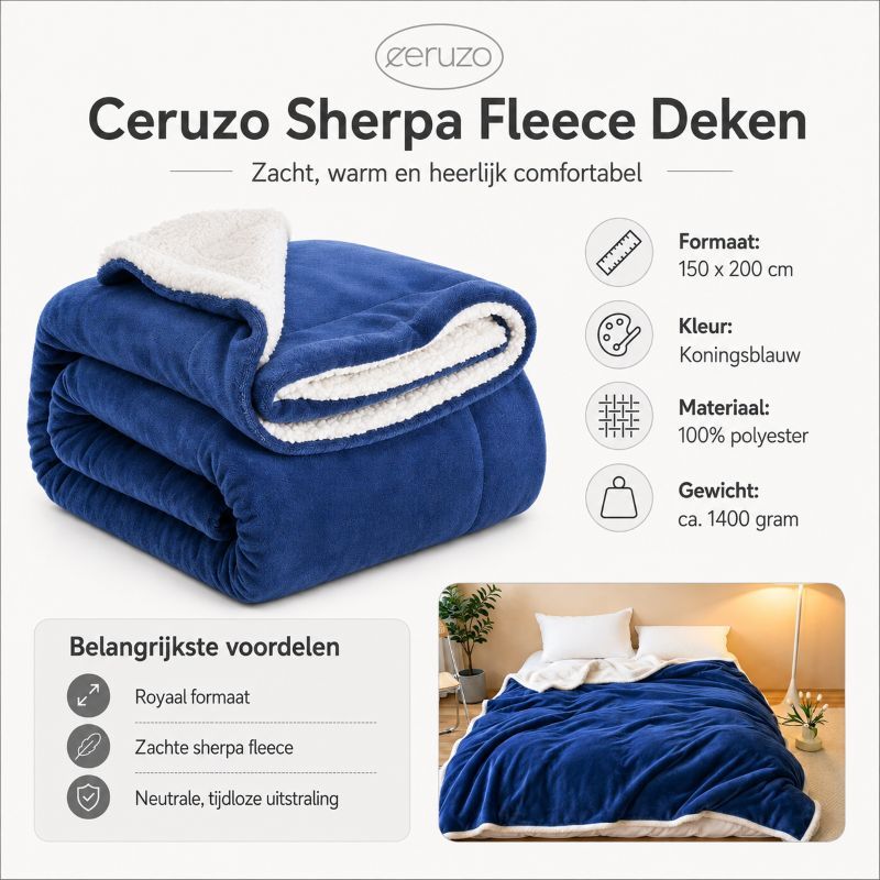 Ceruzo Sherpa Fleece Deken - 150X200 Cm - Blauw