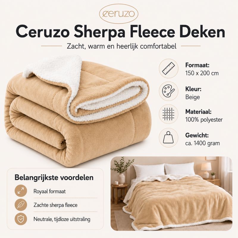 Ceruzo Sherpa Fleece Deken - 150X200 Cm - Beige