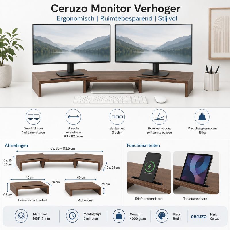 Ceruzo Monitor Standaard - Bruin - Verstelbaar - Verhoger Voor 2 Schermen