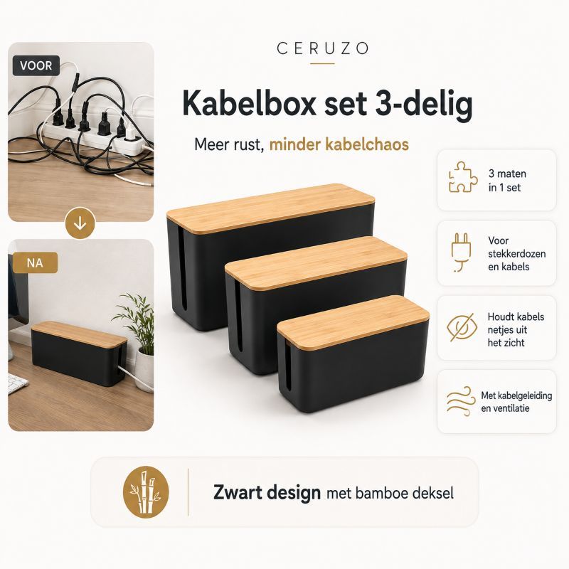Ceruzo Kabelbox Zwart - 3-Delig