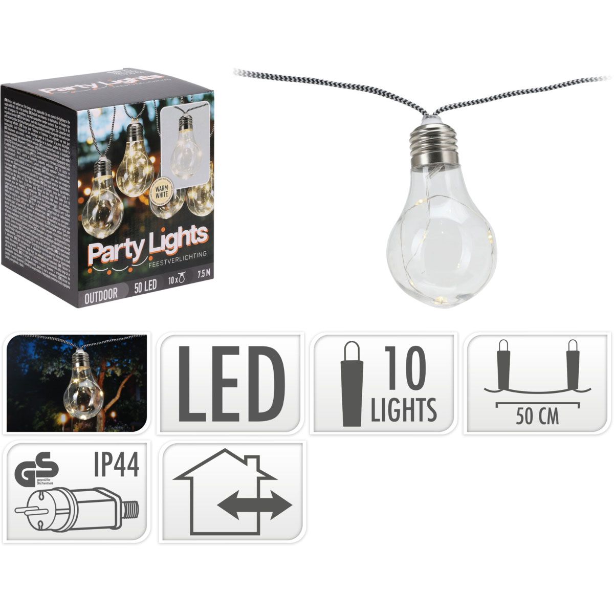 Feestverlichting Voor De Tuin - 450Cm - Warm Wit - 10X5 Led - Gevlochten Snoer