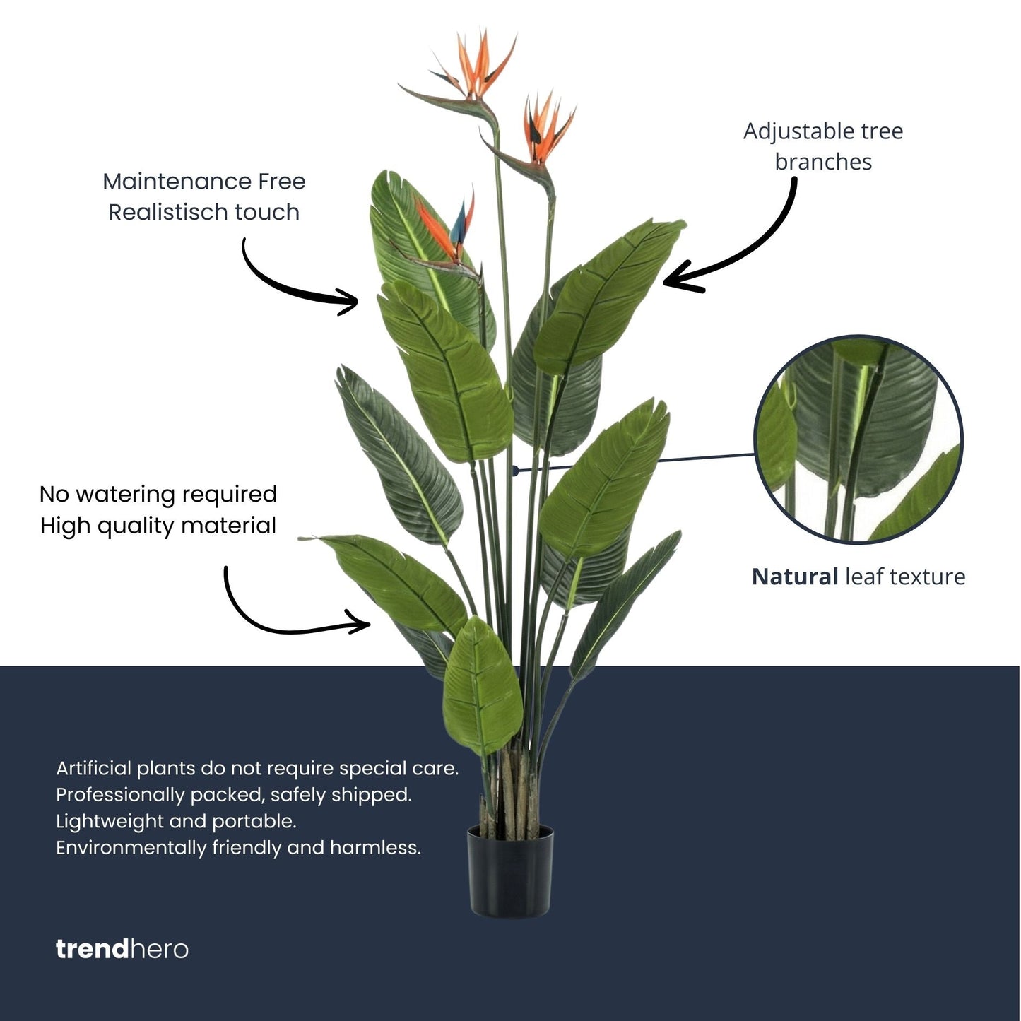 Strelitzia With Flowers – 120 Cm – In Black Pot – Artificial Plant