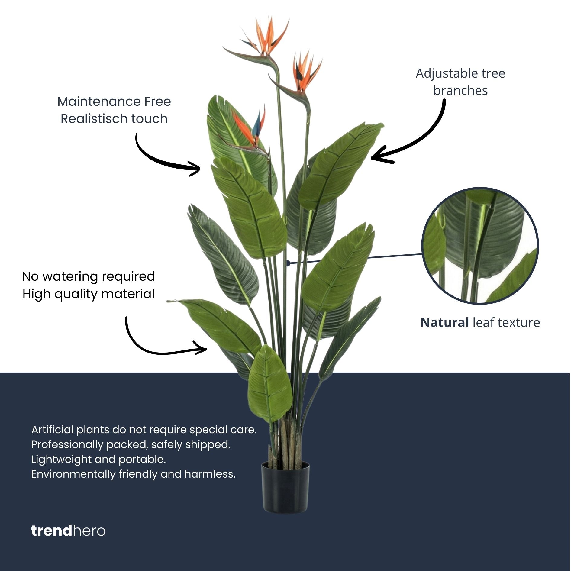 Strelitzia With Flowers – 120 Cm – In Black Pot – Artificial Plant