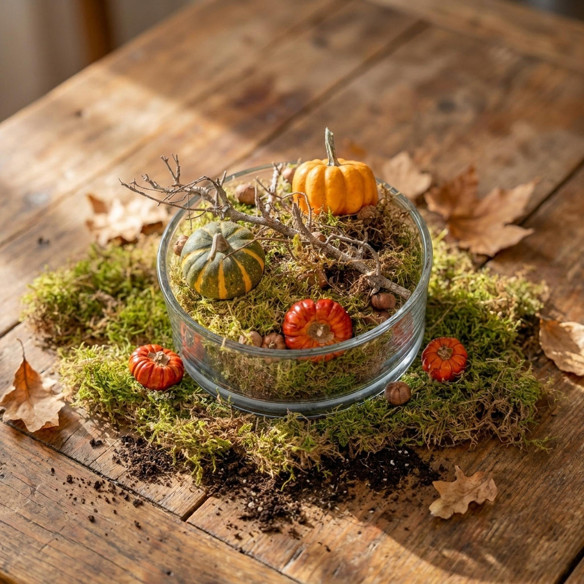 Autumn Bowl Medium Glass 2 Pumpkins Moss Cones Ø 20 Cm ↑ 8 Cm