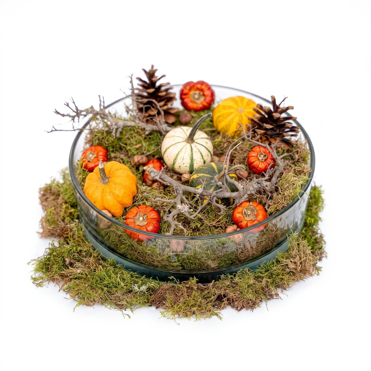 Autumn Bowl Large - Glass Ø 29 Cm With Pumpkins, Moss, Cones