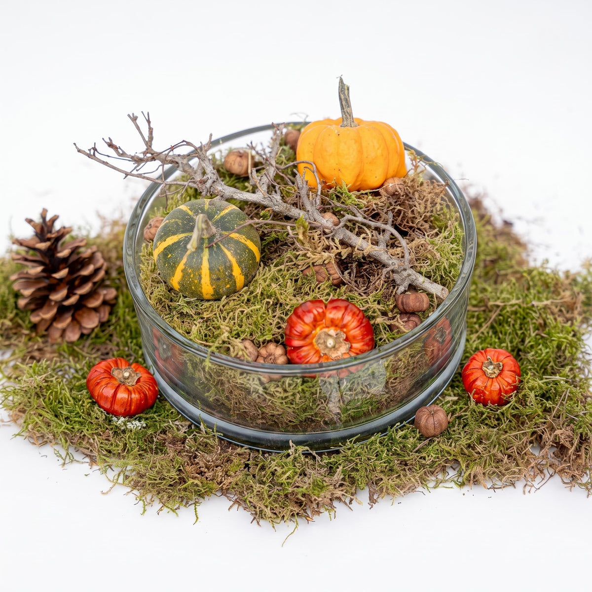 Autumn Bowl Medium Glass 2 Pumpkins Moss Cones Ø 20 Cm ↑ 8 Cm