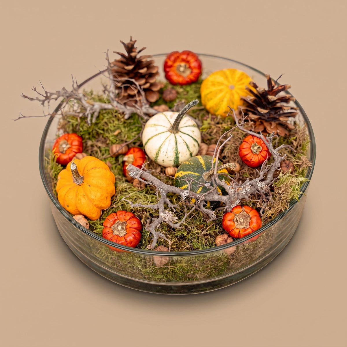 Autumn Bowl Large - Glass Ø 29 Cm With Pumpkins, Moss, Cones