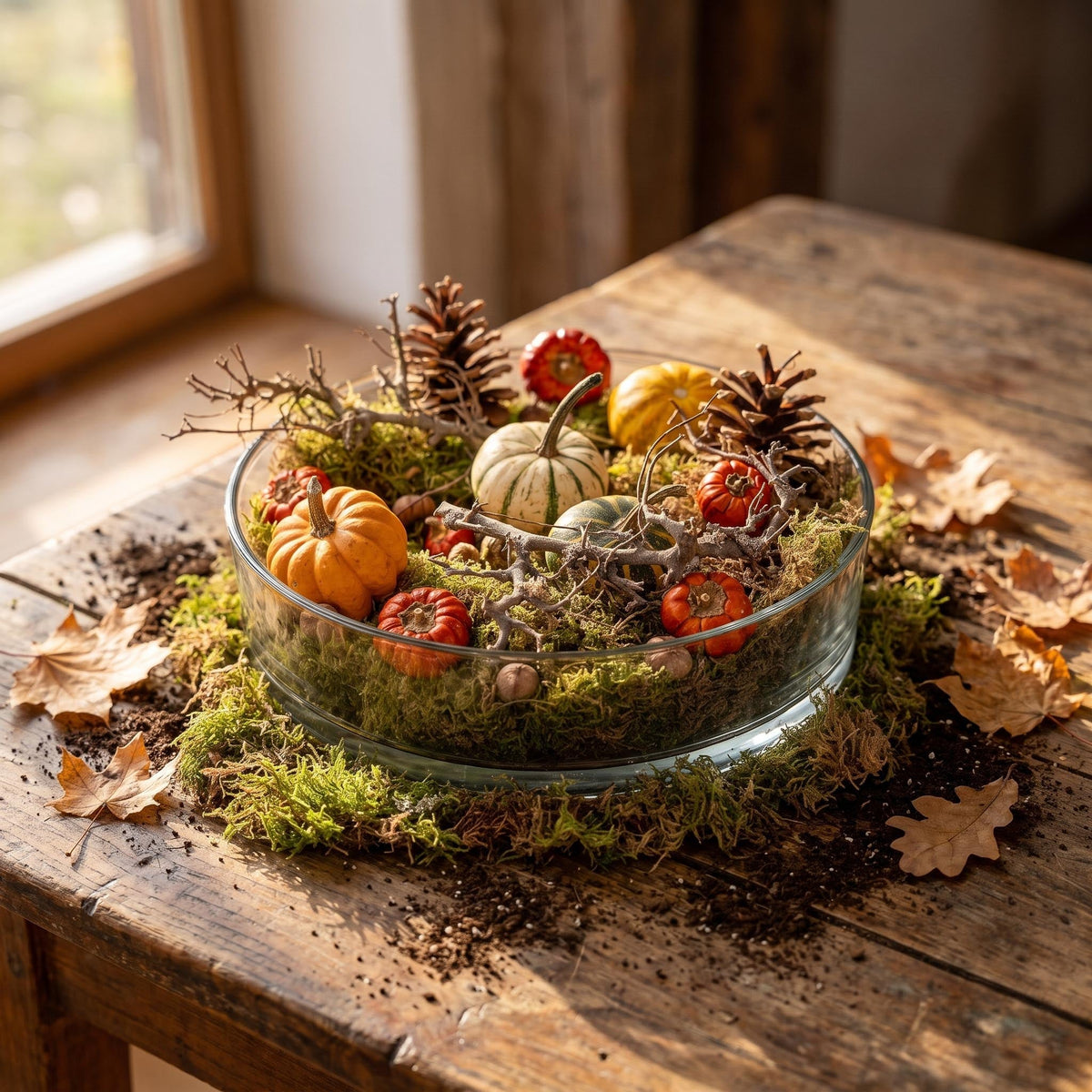 Autumn Bowl Large - Glass Ø 29 Cm With Pumpkins, Moss, Cones