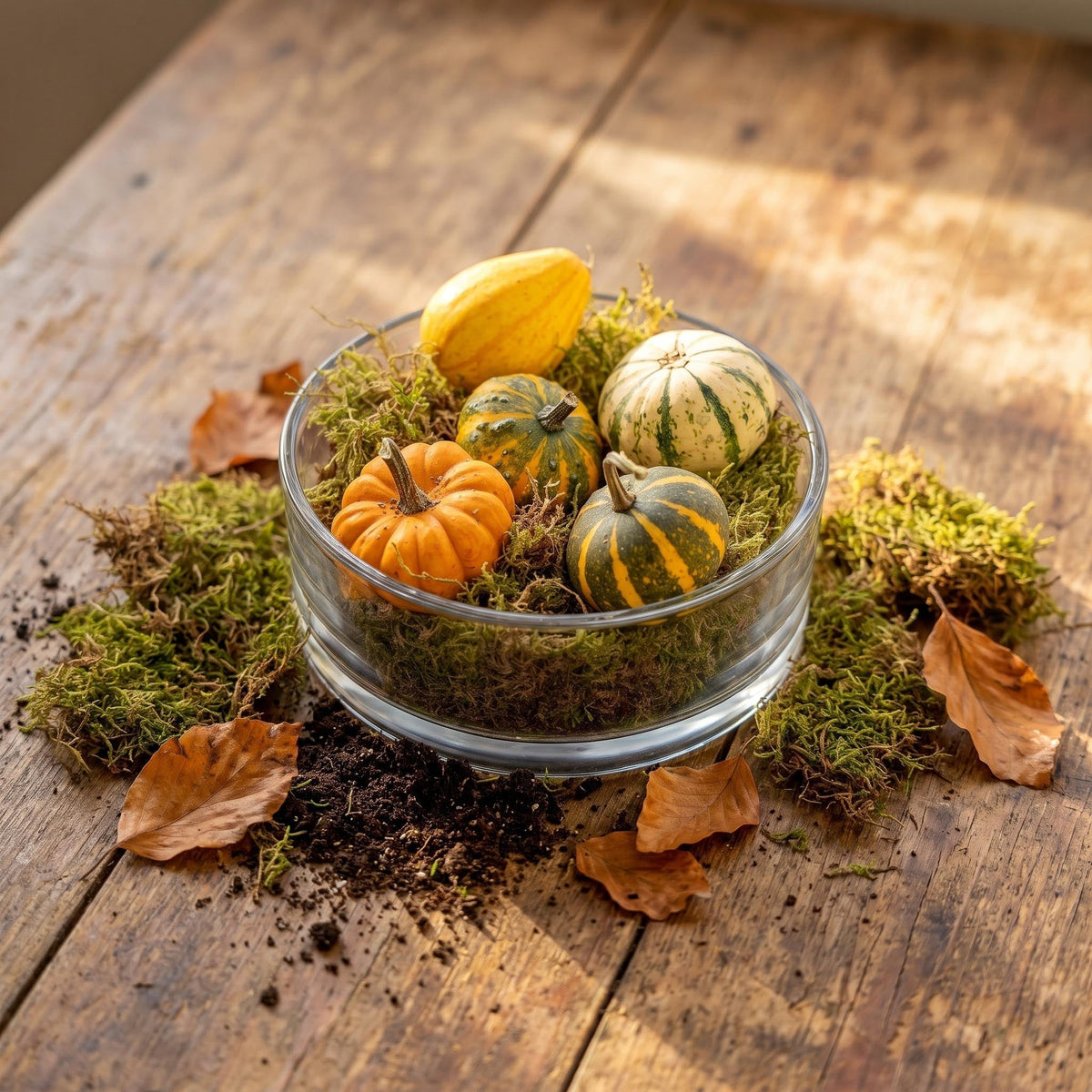 Autumn Bowl Pumpkin Medium - Glass With 5 Real Pumpkins, Moss