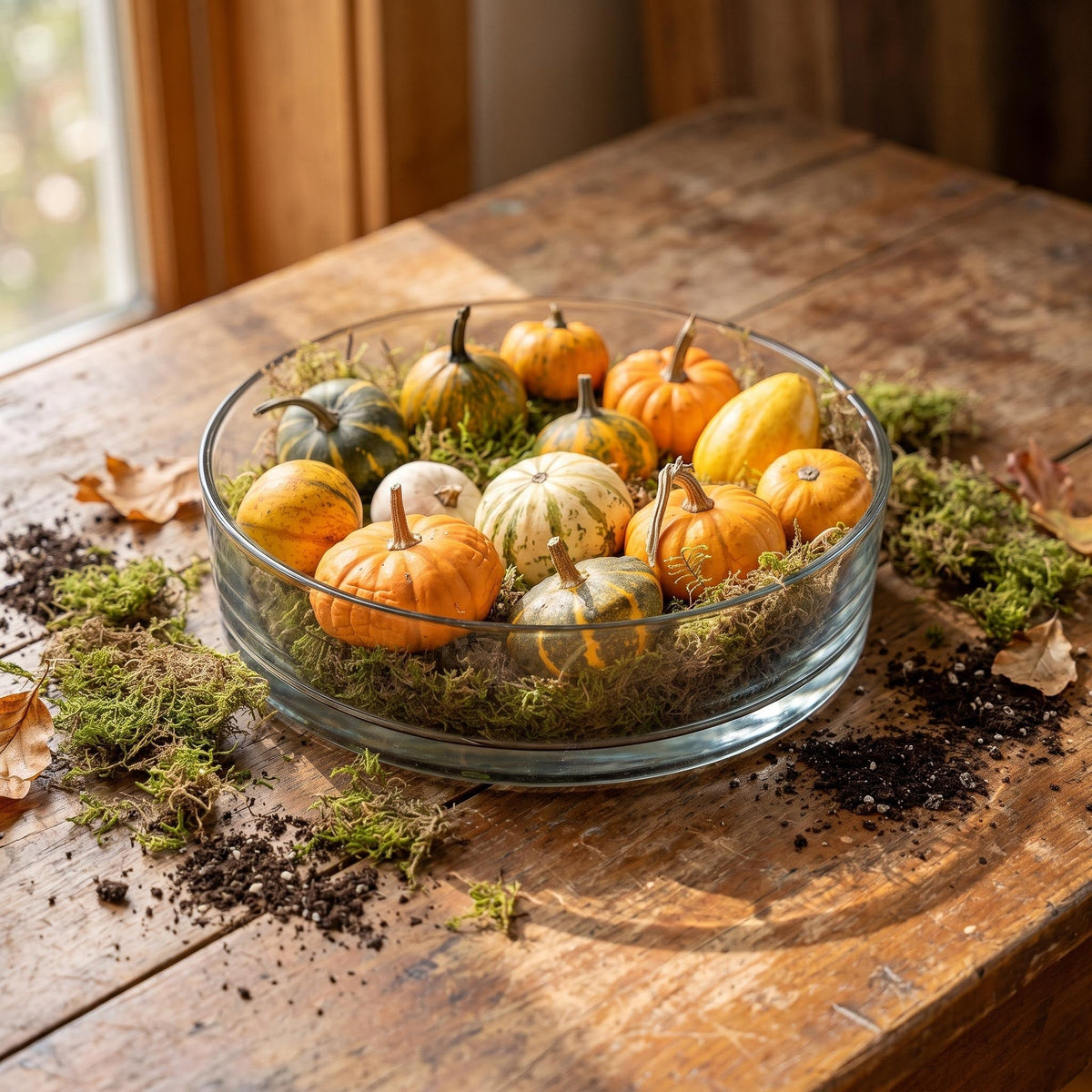 Autumn Bowl Pumpkin Large - Glass 13 Pumpkins Flat Moss - Ø 29 ↑ 8Cm