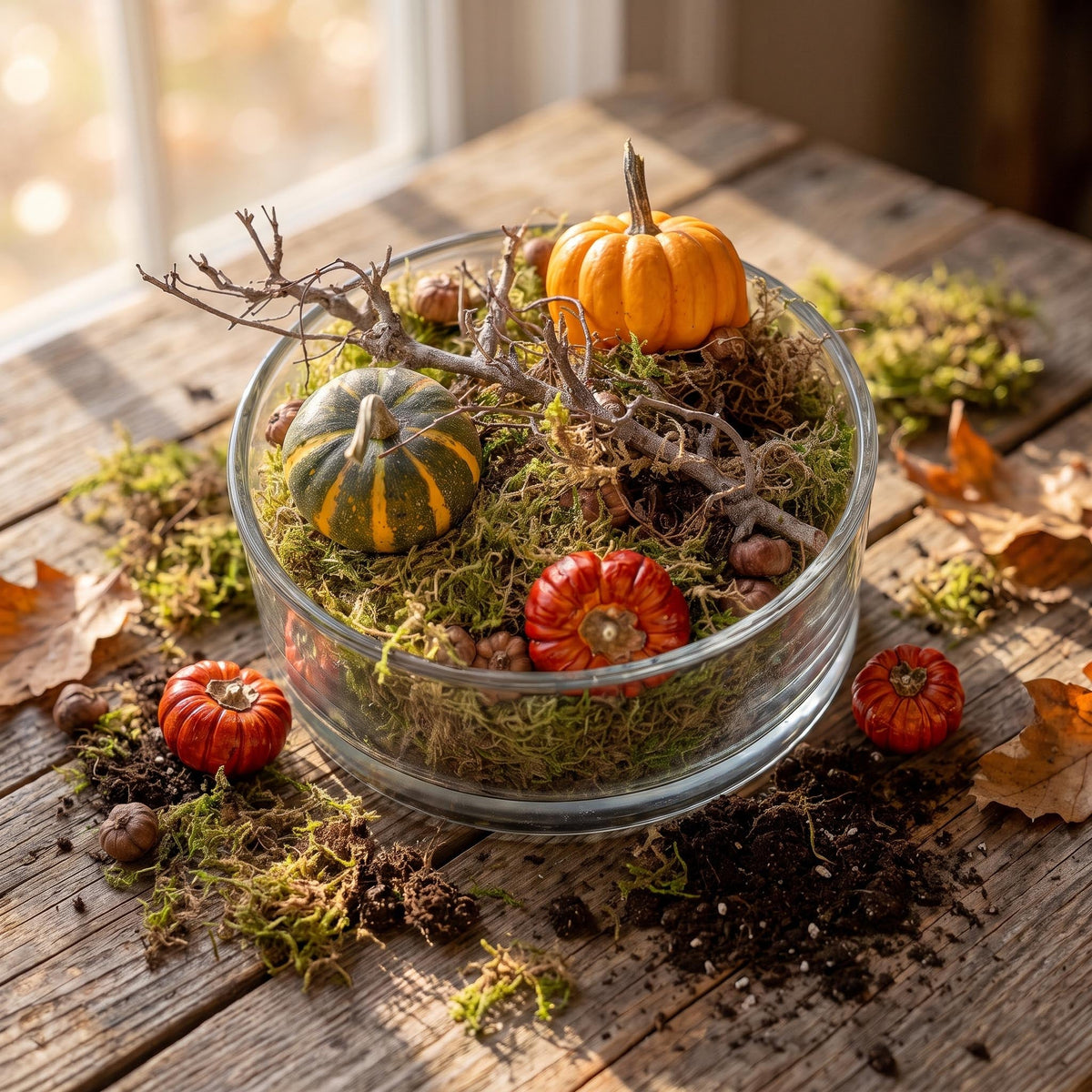 Autumn Bowl Medium Glass 2 Pumpkins Moss Cones Ø 20 Cm ↑ 8 Cm
