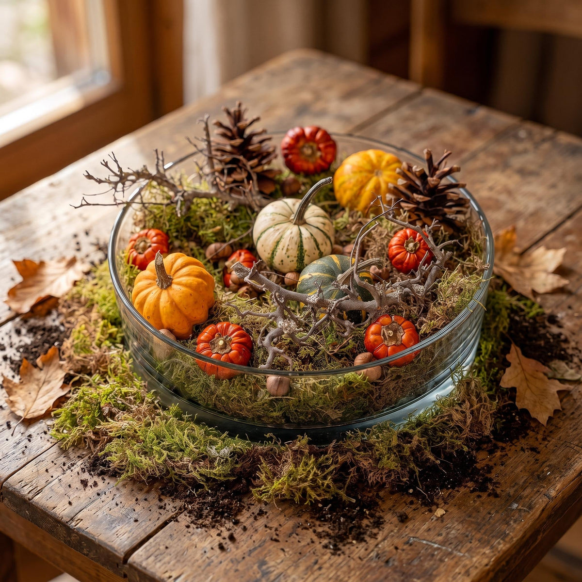 Autumn Bowl Large - Glass Ø 29 Cm With Pumpkins, Moss, Cones