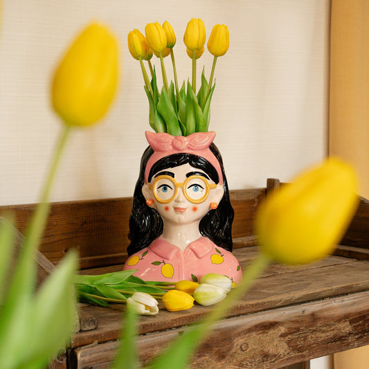 Vase Lady ‘Kylie’ ↑ 27 Cm + 10X Real Touch Tulips Yellow