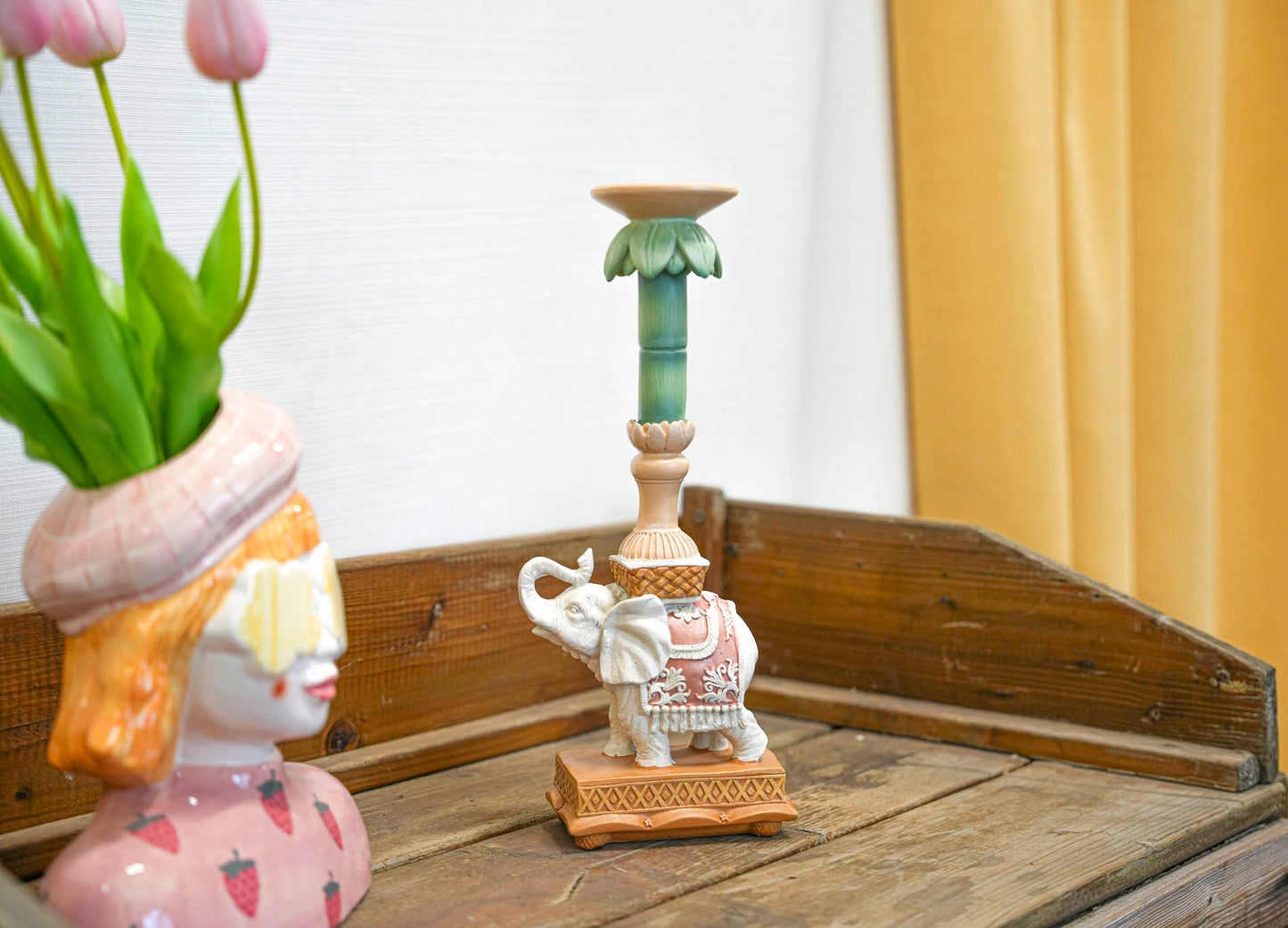Candle Holder - Elephant Natural Pink - Polyresin -  ↑ 15 Cm