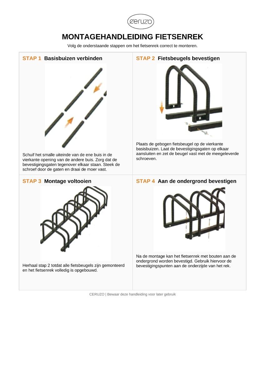 Ceruzo Fietsenrek Voor 4 Fietsen - 100 Cm - Vloermontage - Zwart