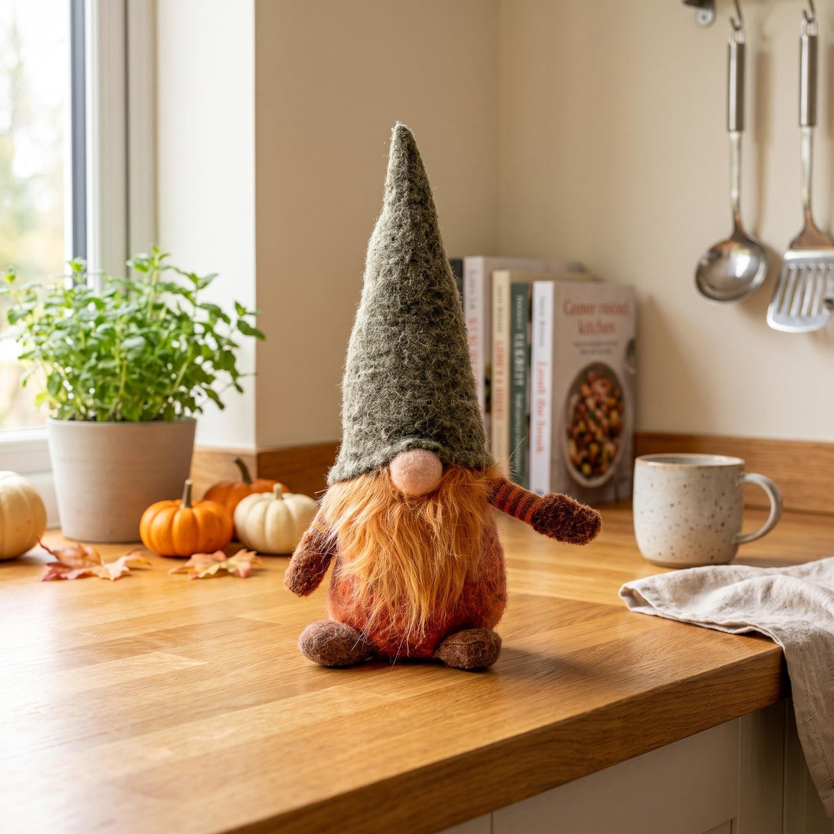 Gnome - 32Cm - Wool, Cotton - Green Hat - Autumn, Halloween
