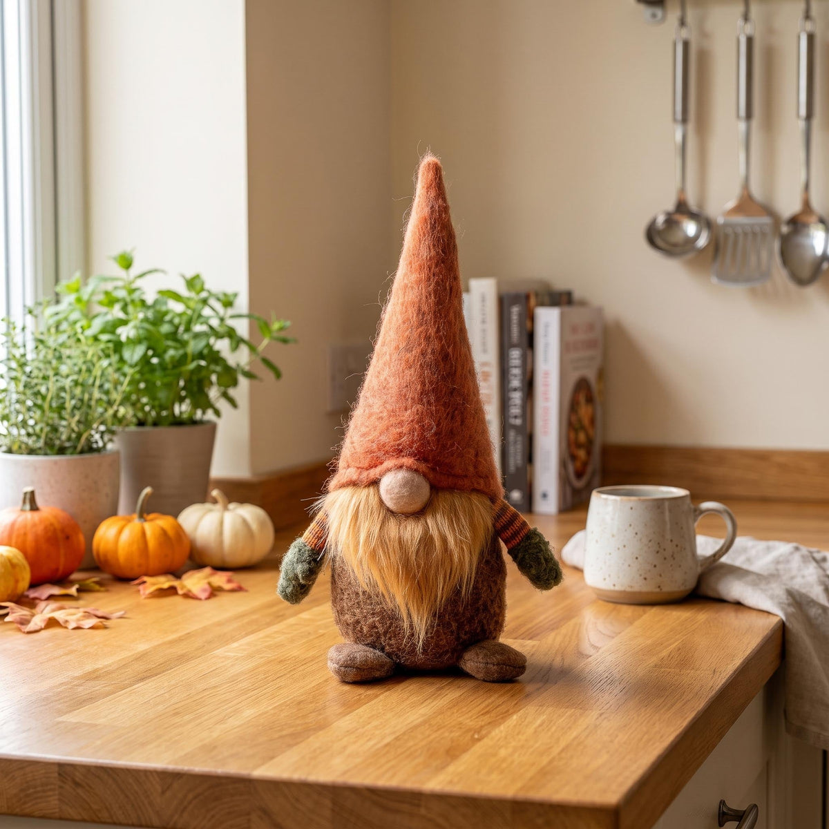 Gnome - 32Cm - Wool, Cotton - Orange Hat - Autumn, Halloween
