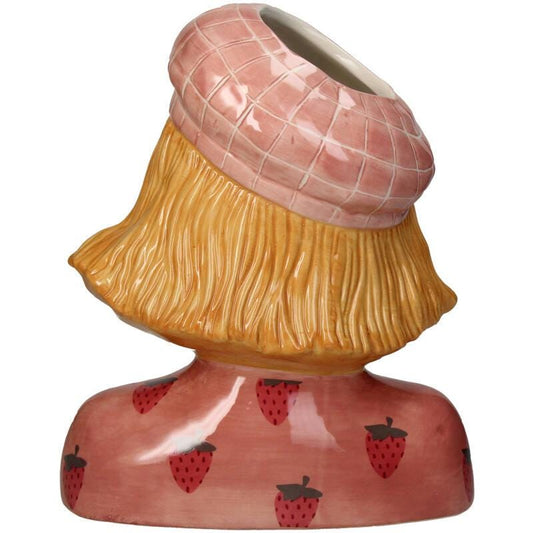Strawberry Girl Vase - Pink Earthenware Pot - 24 Cm High - Handcrafted Ceramic - Lady Vase