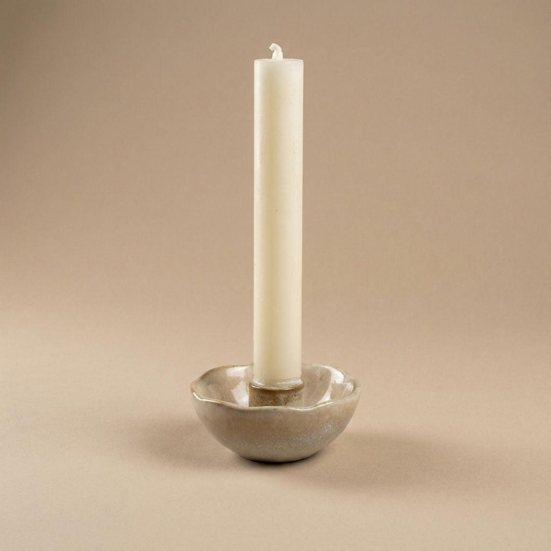 Ceramic Candle Dish - Low Round Candle Holder - Sand - Ø 7 Cm